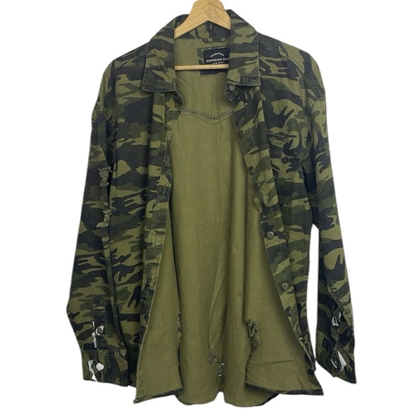 NWOT American Bazi Distressed Quality Denim Camouflage Jacket Women’s Size L - Picture 2 of 15